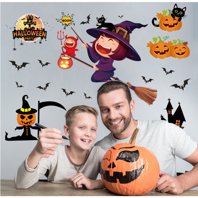 Decal trang trí tường - Lễ Hội Halloween Bé Gái Phù Thủy sắc nét mẫu mới