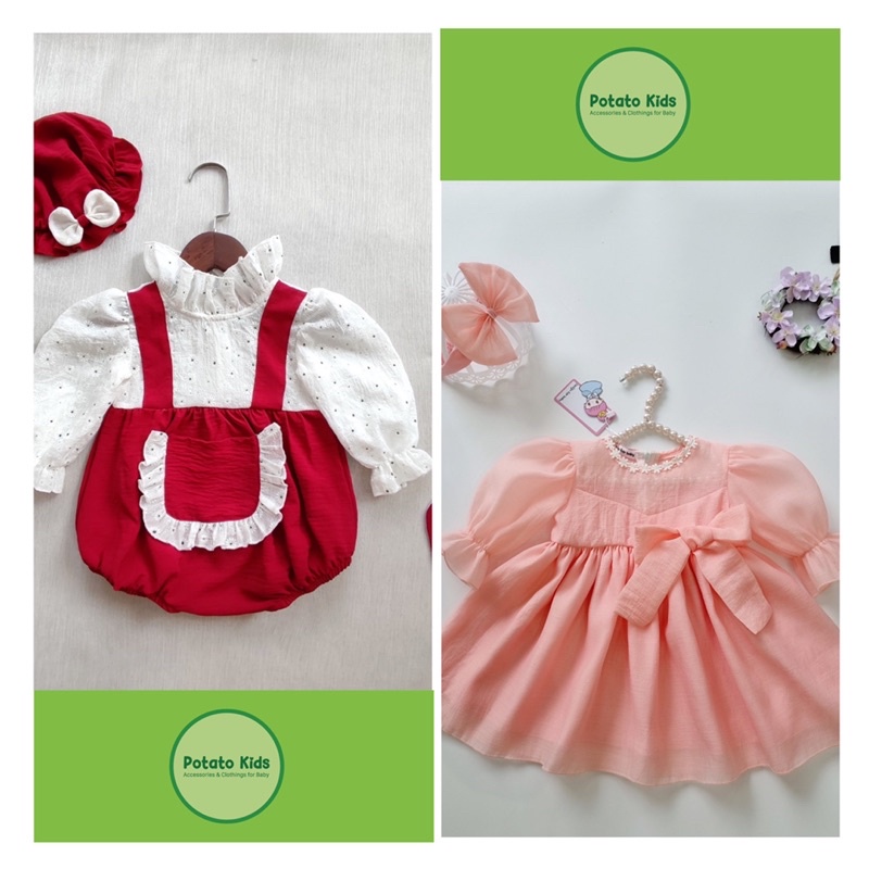 Bodysuit Yếm Lụa Đỏ, Váy Tơ Hồng Cam Potato Kids Hàng Thiết Kế Sang Chảnh Cho Bé (tặng kèm phụ kiện như hình)