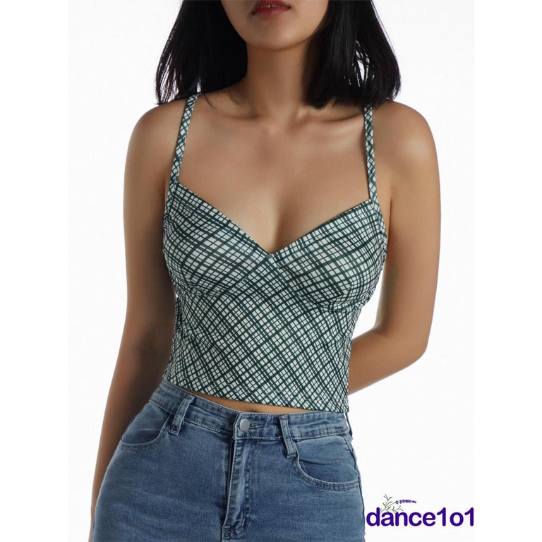 Áo hai dây nữ phối màu tương phản thời trang phong cách vintage