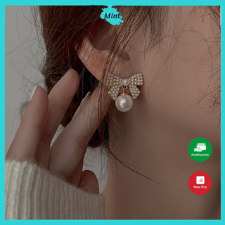 Bông Tai Cao Cấp Ngọc Trai Giả Size Lớn ❤️KHÔNG GÂY DỊ ỨNG❤️ Khuyên Tai Chuôi Bạc S925 Nơ Đính Ngọc Nhân Tạo Sang Trọng