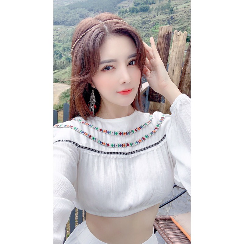 [🍁Hàng sẵn] Set đầm maxi trắng nối tầng viền thổ cẩm boho du lịch chụp ảnh | BigBuy360 - bigbuy360.vn