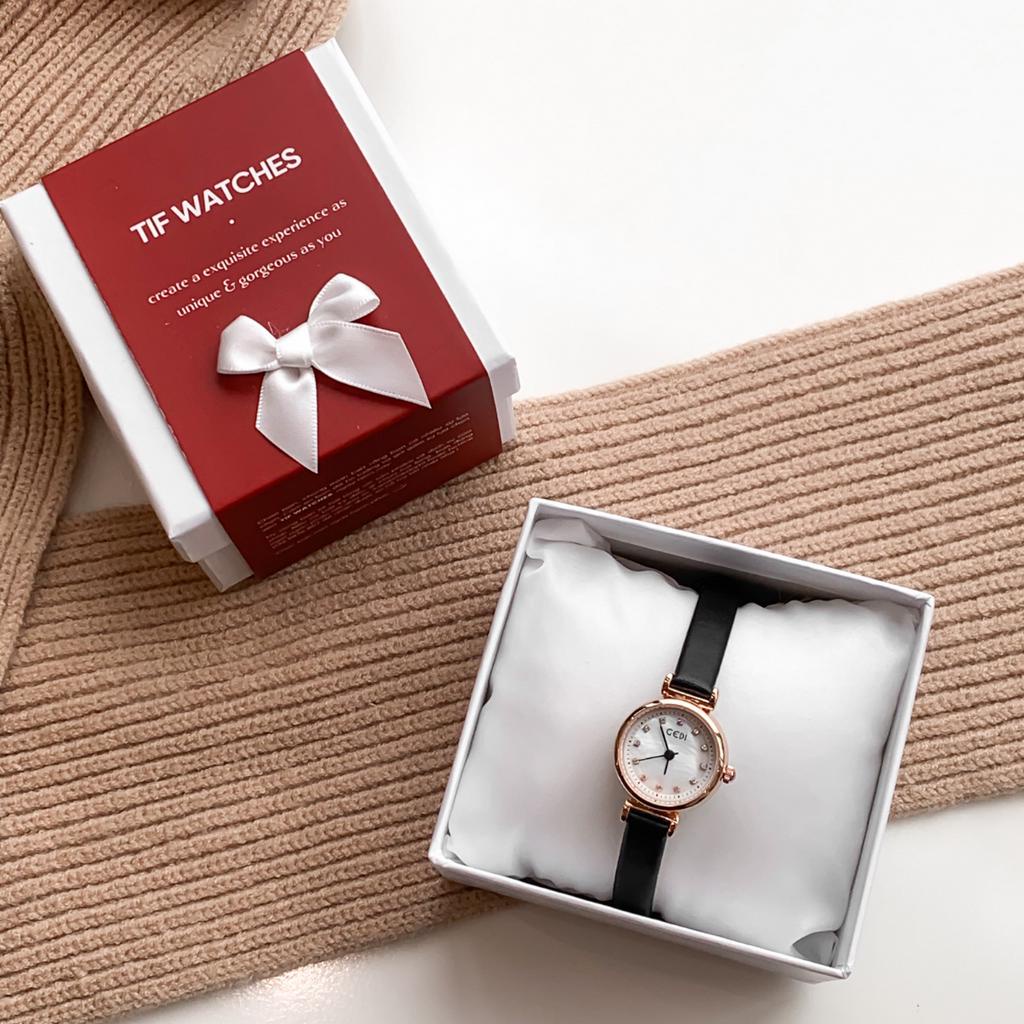 Đồng Hồ Dây Da Nữ Siêu Nhỏ GRACIE Tif Watches Mặt Đá Lấp Lánh Sang Trọng Sáng Da Chống Nước Tốt