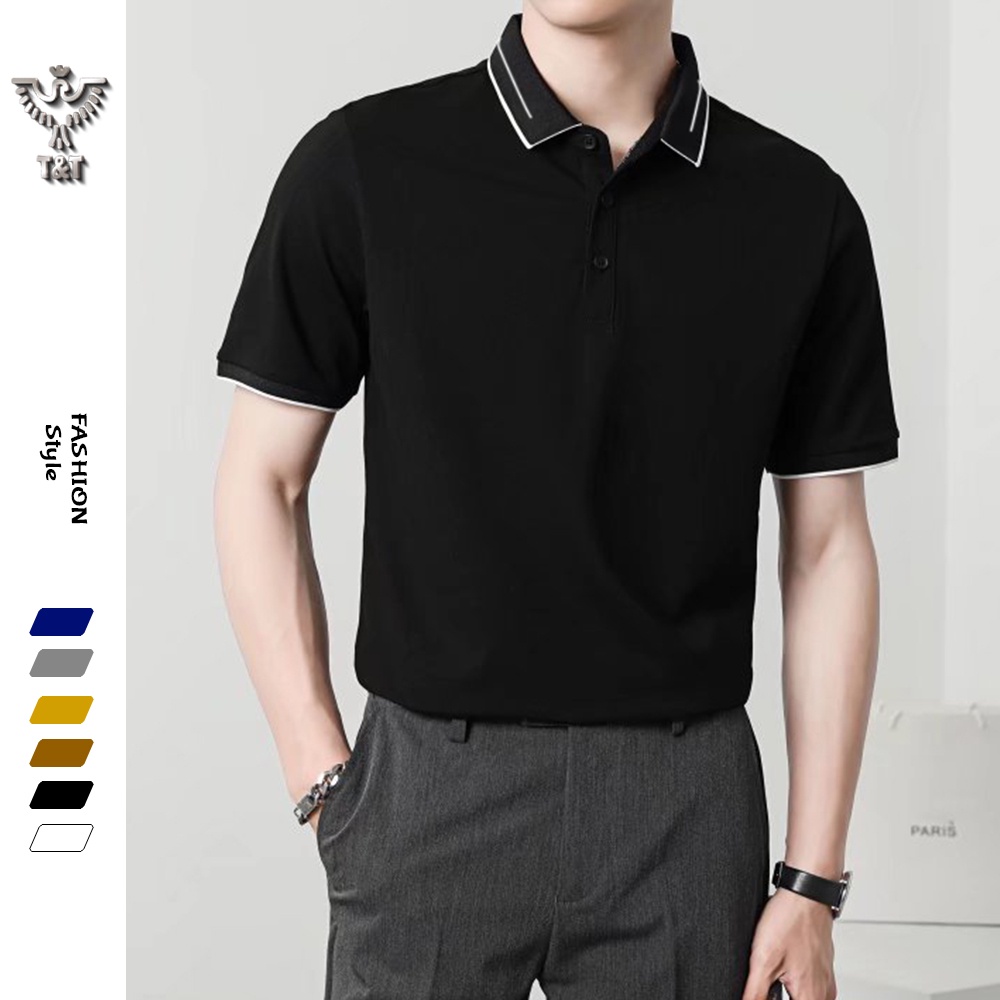 Áo polo nam áo thun nam có cổ tay ngắn phối vai đen trắng kiêu dáng hàn quốc chất cotton co dãn thoáng mát