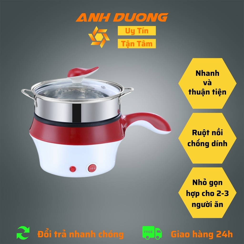 NồI Lẩu Mini, Ca Nấu Mì Điện 2 Tầng Chống Dính Đa Năng, Tiện Lợi