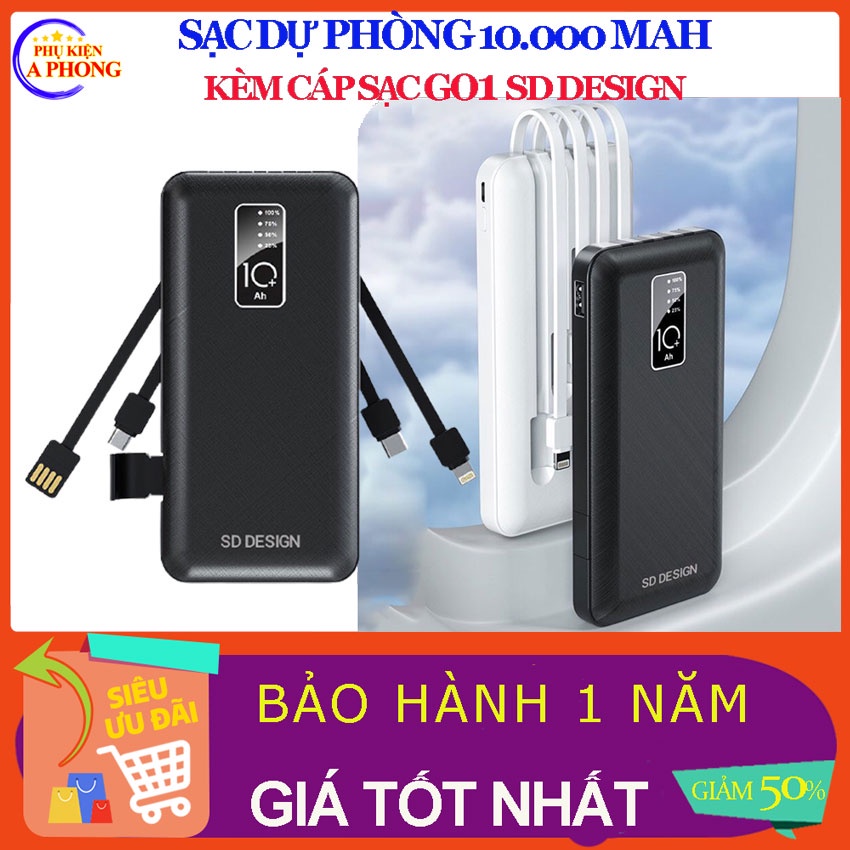 [Gắn Kèm Cáp] Pin sạc dự phòng G01 SD Design 10,000 mAh kèm 3 cáp sạc cho hầu hết điện thoại, kèm đèn led