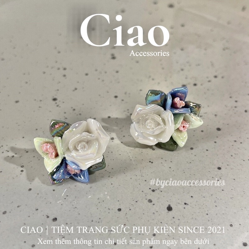 [HOẢ TỐC 1H] Khuyên tai/ Bông tai mạ bạc S925 thiết kế tráng gương Queen Rosa Ciao