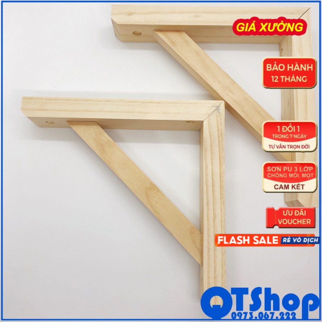 Cặp chân kệ gỗ treo tường, eke gỗ, giá đỡ chữ L màu gỗ tự nhiên -QTShop