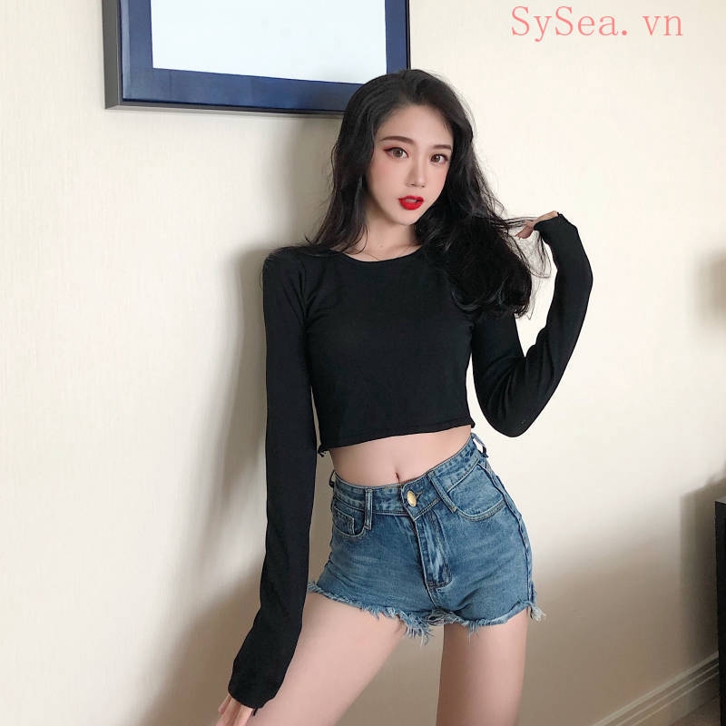 Áo croptop dệt kim tay dài thời trang Hàn Quốc