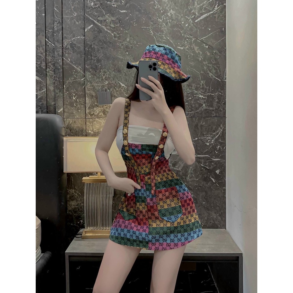 Sét váy yếm thời trang nữ mặc đi chơi yếm chất kaki hai dây khoen nút túi trước mix áo ống borip sexy