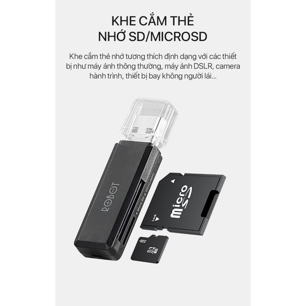 Dầu đọc thẻ nhớ USB ROBOT CR102 Chuẩn USB 3.0 Tốc độ truyền tải nhanh khe cắm thẻ nhớ SD/MicroSD - Hàng Chính Hãng