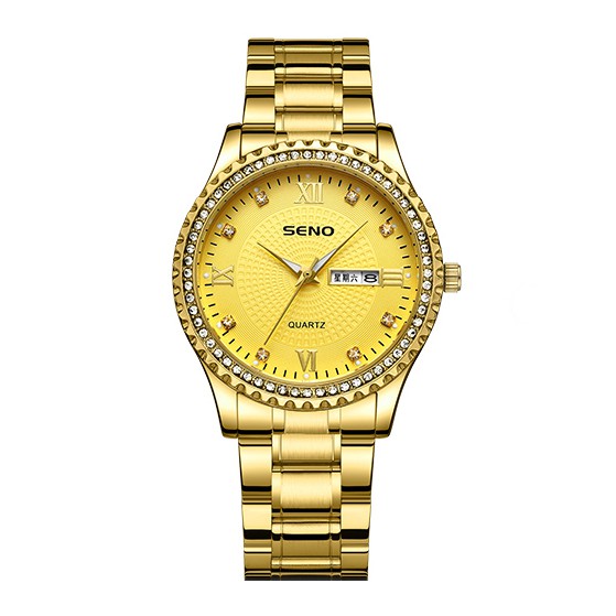 Đồng hồ nam Seno mặt tròn 40mm đính đá chống xước dây kim loại mạ vàng senoshop