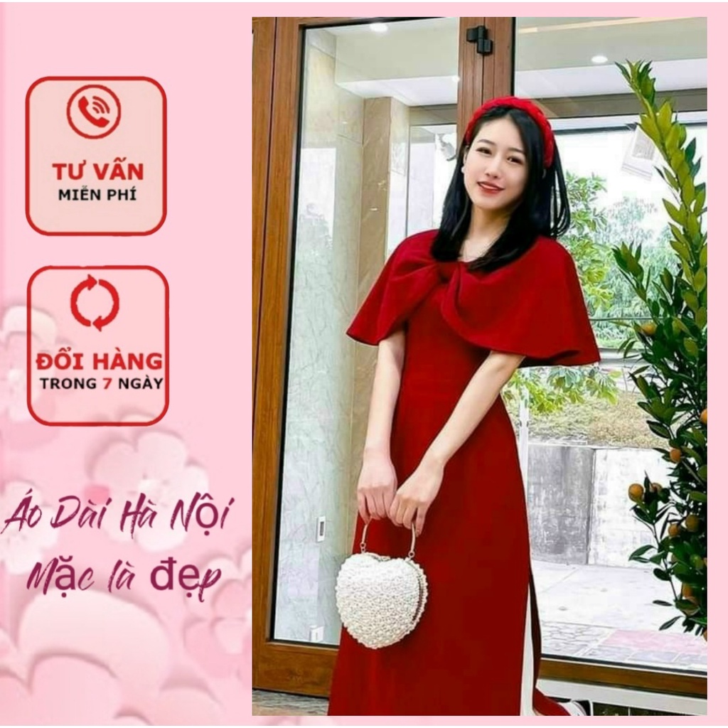 Áo dài tết 2024,  áo dài đỏ cách điệu tay choàng tiểu thư - Áo Dài Hà Nội