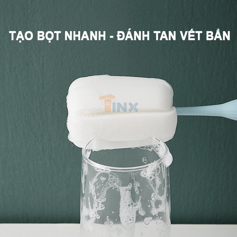 Cọ mút rửa ly cốc đầu bọt biển có tay cầm dài xoay 360 độ - Bàn chảy rửa bình sữa, chai tiện dụng