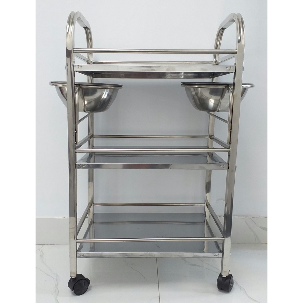 Xe đẩy spa inox kệ inox 3 tầng spa thẩm mỹ viện đựng dụng cụ tặng 2 thau inox