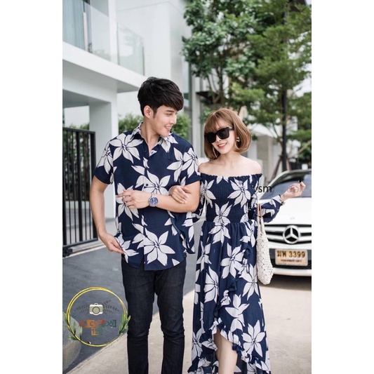 Áo đôi: Đầm maxi rút thun ôm vintage + Áo somi nam phối hợp