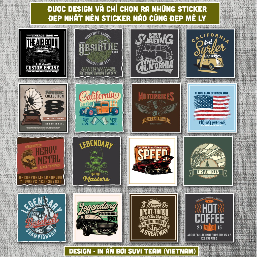 50 Sticker Vintage Retro 4 chống nước sticker dán laptop, điện thoại, đàn guitar, mũ bảo hiểm, vali. MSP:VR04