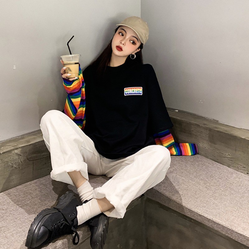 Women Loose Round Collar Stripes Print Loose Long Sleeve T-Shirt