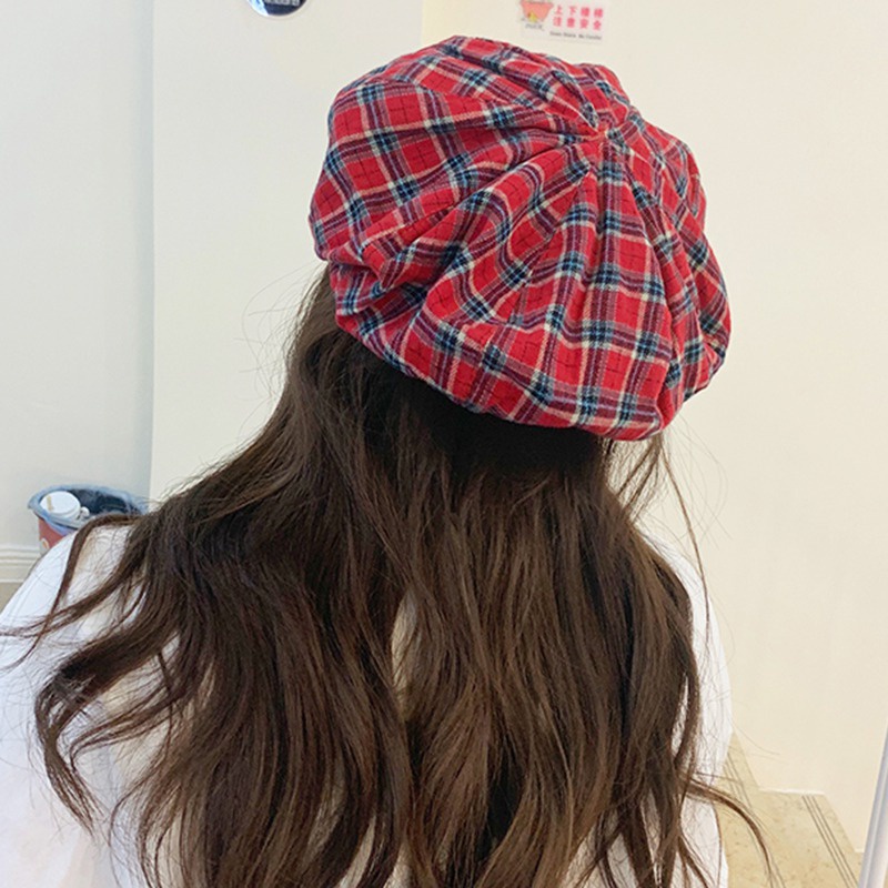 Mũ Beret Họa Tiết Sọc Caro Phong Cách Retro Hàn Quốc Cho Nữ