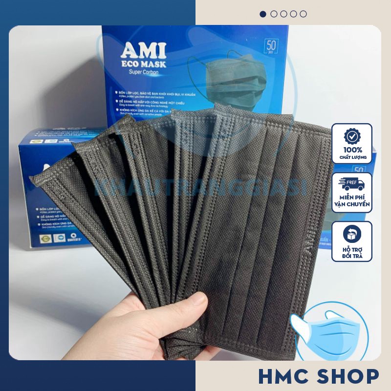 Khẩu trang y tế kháng khuẩn 4 lớp Ami màu đen hộp 50c màu đen