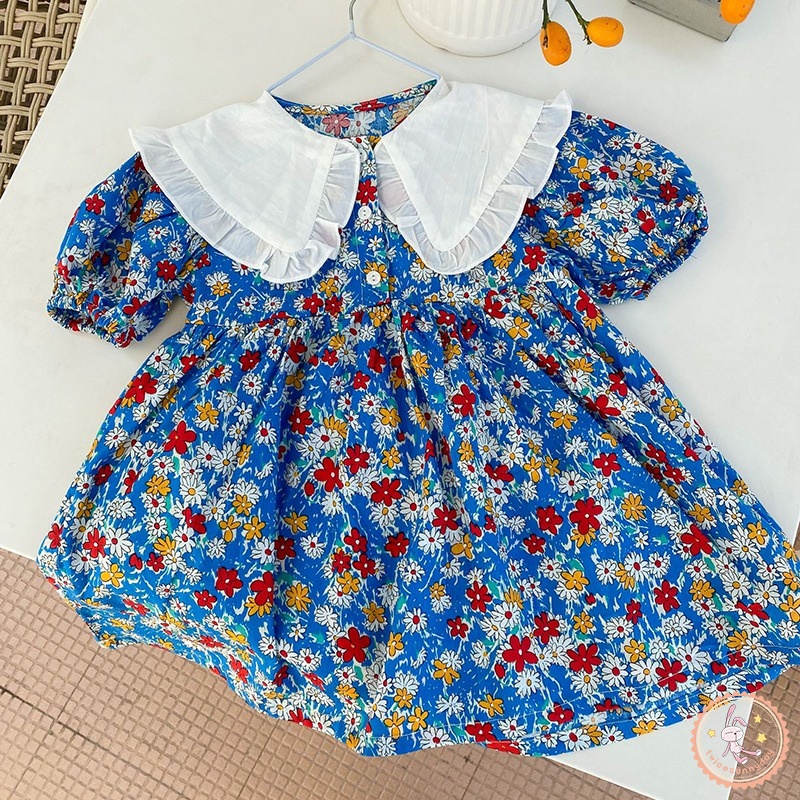 Đầm Công Chúa Tay Phồng Cổ Búp Bê In Họa Tiết Hoa Cho Bé Gái