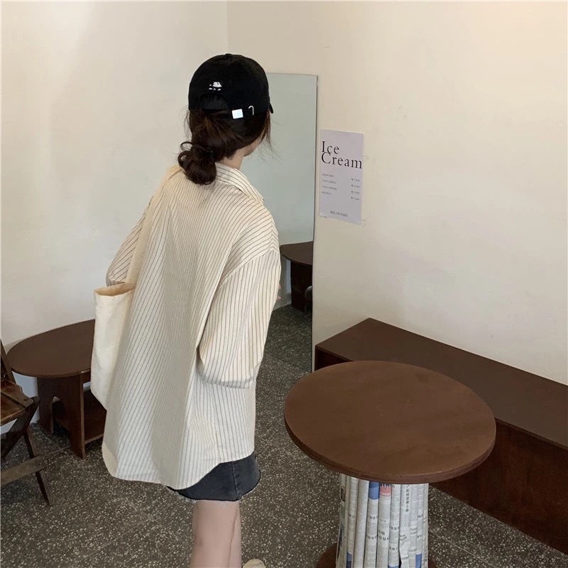 Áo Sơ Mi Tay Dài Dáng Rộng Họa Tiết Kẻ Sọc Thời Trang Pháp 2022 Mới