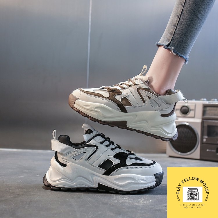 Giày thể thao sneaker nữ QC chất da phong cách ULZZANG đế tách 2 lớp 5cm tôn dáng màu đen/nâu