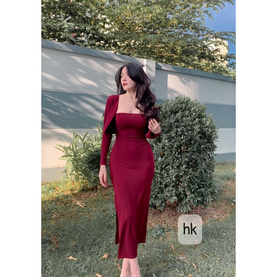 Set Đầm Cúp Ngực Nhún Kèm Áo Khoác Crtoptop