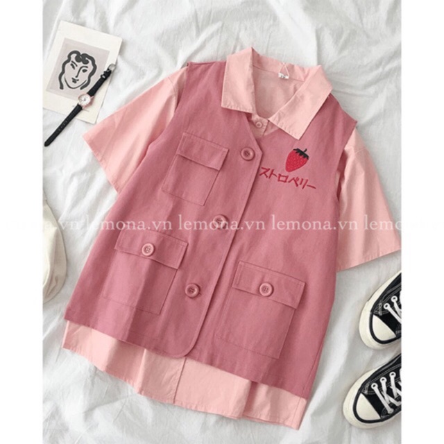 Áo Gile Dâu Tây Áo Khoác Ngoài Phối Màu Phong Cách Dễ Thương Học Sinh