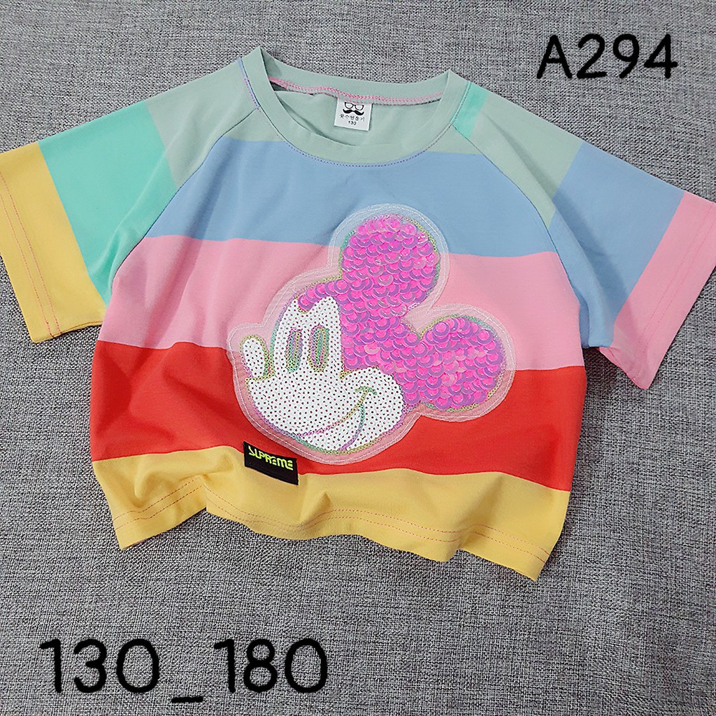 Áo bé gái croptop sọc hình MK xinh chất thun cotto mềm mịn mát đẹp y hình