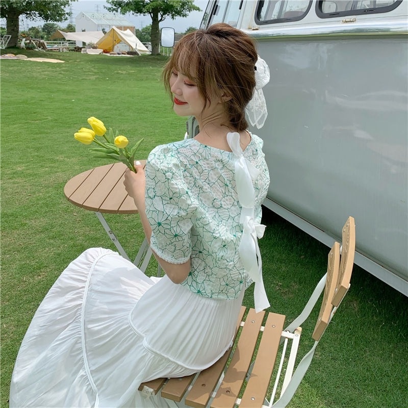 Set Áo Ngắn Tay Cổ Chữ V Thắt Nơ + Chân Váy Lửng Xếp Ly Thời Trang Mùa Hè Mới