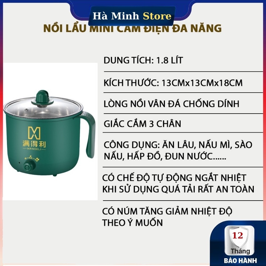 Ca Nấu Mì Đa Năng Mẫu Mới 2021 Có Tay Cầm 1,8L 2 Chế Độ, Kèm Giá Hấp Inox - Nồi Lẩu Mini,Chiên, Xào Đa Năng Xanh Lục Bảo