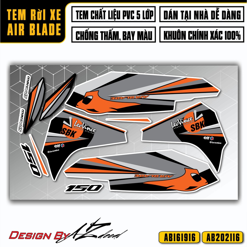 Tem Airblade 2016 - 2022 mẫu SBK | AB16 | Chất Liệu Decal PVC Cao Cấp Chống Nước, Chống Bay Màu