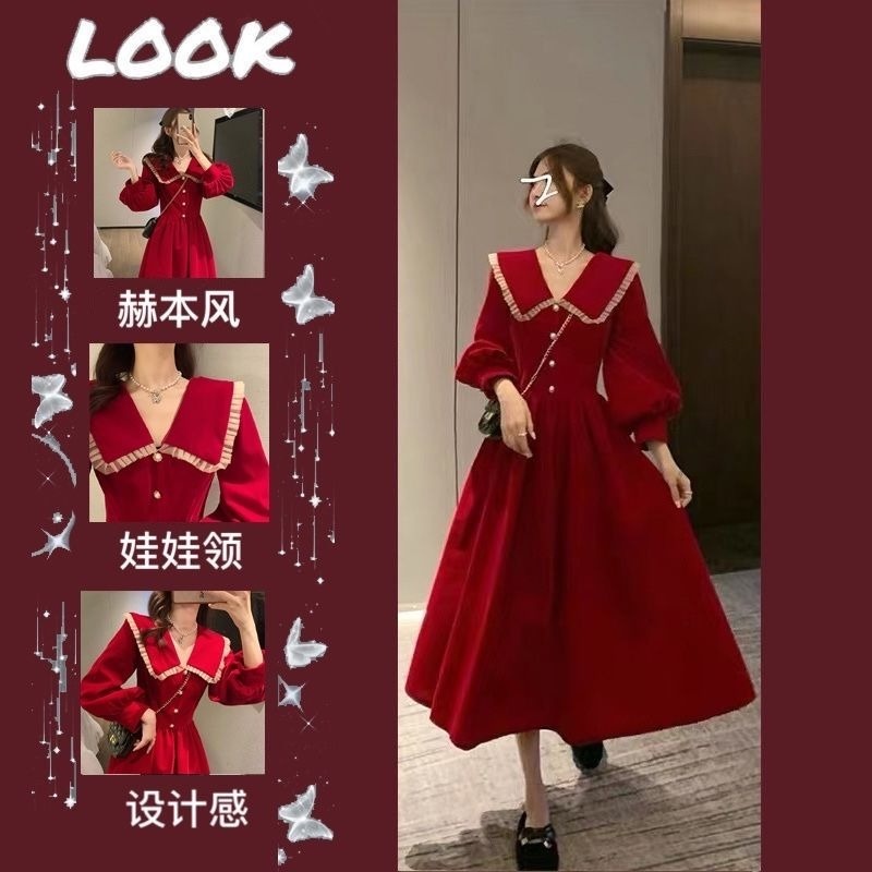 Đầm Nhung Cổ Búp Bê Thiết Kế Mới Thời Trang Mùa Thu Đông Theo Phong Cách Pháp Cho Nữ