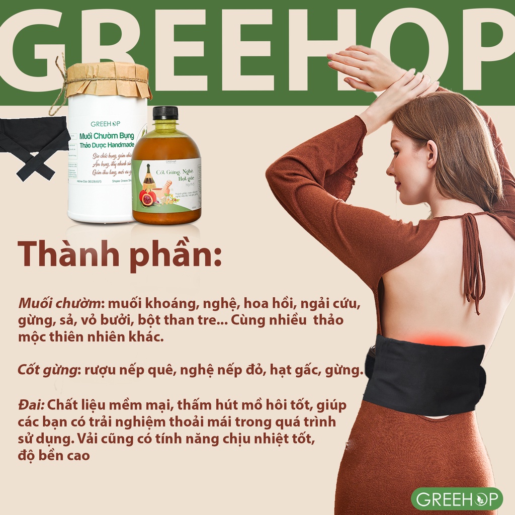 Muối chườm bụng sau sinh, đai chườm giảm eo GREEHOP (tặng kèm dây đo) handmade.