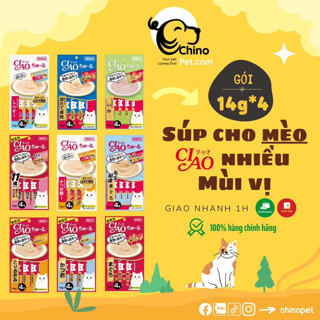 Thức ăn cho mèo Ciao Cho mèo con, mèo lớn dạng soup giúp kích thích sự thèm ăn, dễ tiêu hóa, giúp xương chắc khỏe 40g