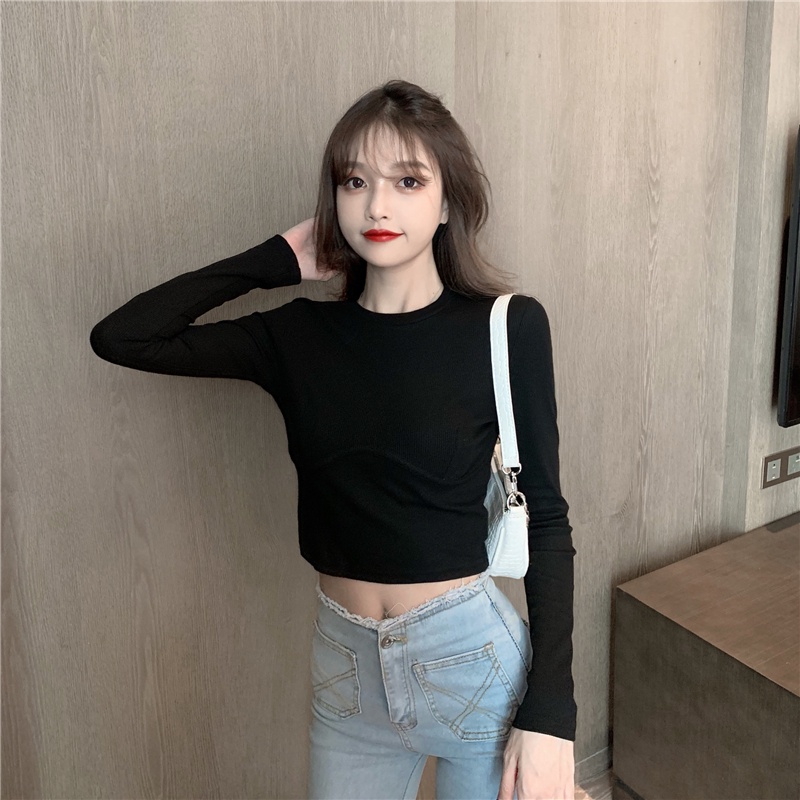 Áo Thun crop top Tay Dài Ôm Ngực Phong Cách Âu Mỹ Mẫu Mới 2021 Thời Trang Cho Nữ