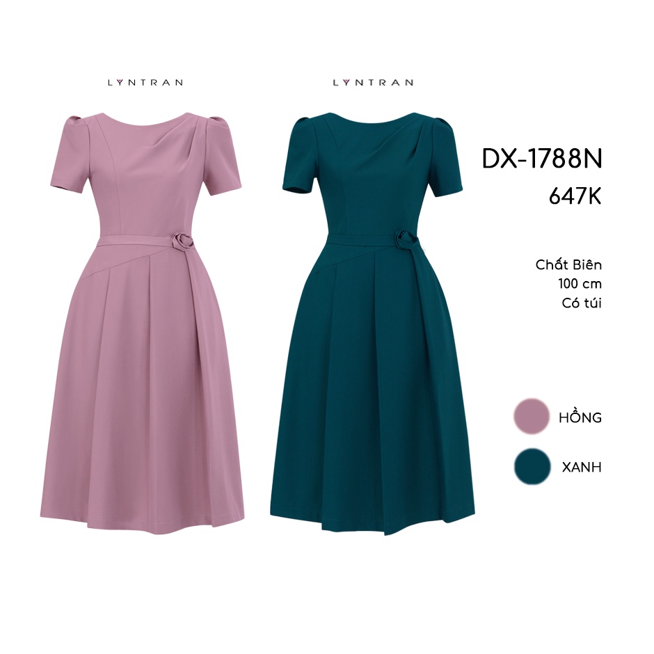 Đầm xòe ly nữ cổ tròn xếp ly chéo vai tay ngắn kết hoa eo thủ công DX-1788N - LynTran