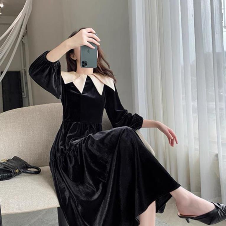 VÁY NHUNG PHỐI CỔ XOÈ 3 TẦNG