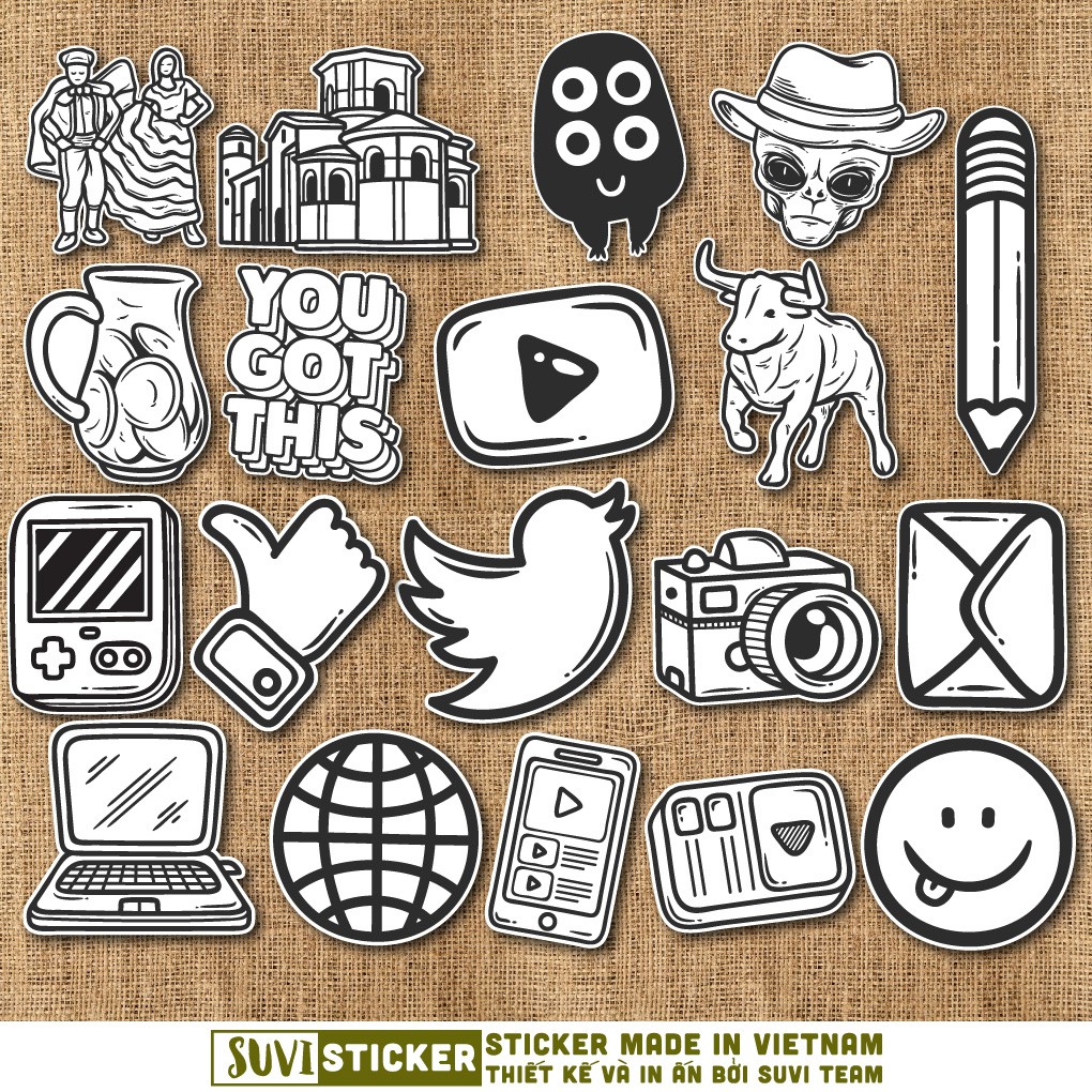 50 Sticker Trắng Đen chống nước sticker dán laptop, điện thoại, đàn guitar, mũ bảo hiểm, vali. MSP: C08