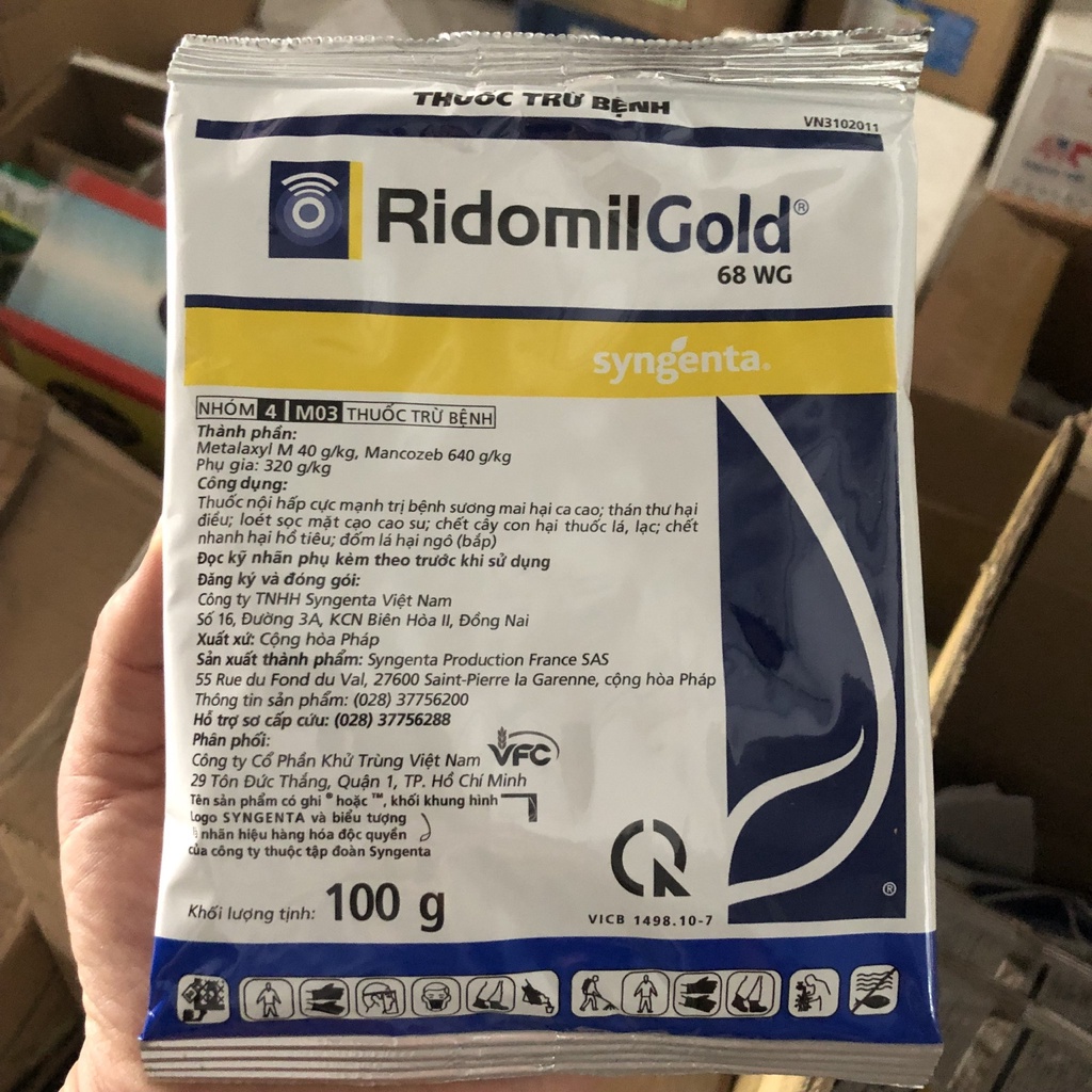 Ridomil Gold 68WP hiệu quả trừ bệnh đốm vòng, sương mai, thối thân trên hoa lan và cây trồng Gói 100g longf1