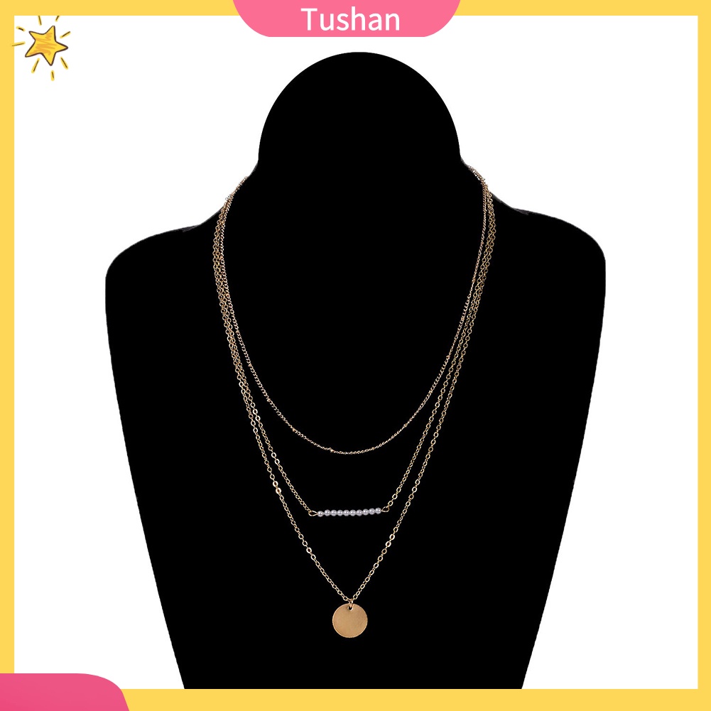 Dây chuyền ba lớp đính ngọc trai mặt tròn thời trang sang trọng