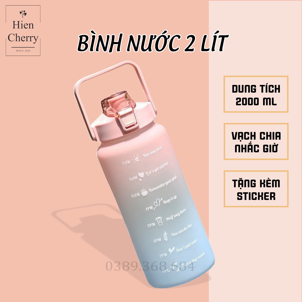 Bình nước 2 lít có quai xách tặng kèm sticker dễ thương, bình uống nước 1200ml có vạch nhắc giờ