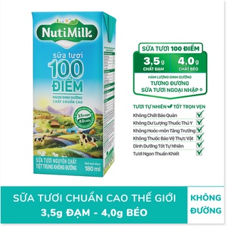 Hộp NutiMilk Sữa tươi 100 điểm - Sữa tươi tiệt trùng nguyên chất không đường 180ml - Thương Hiệu NUTIFOOD - CIRINO