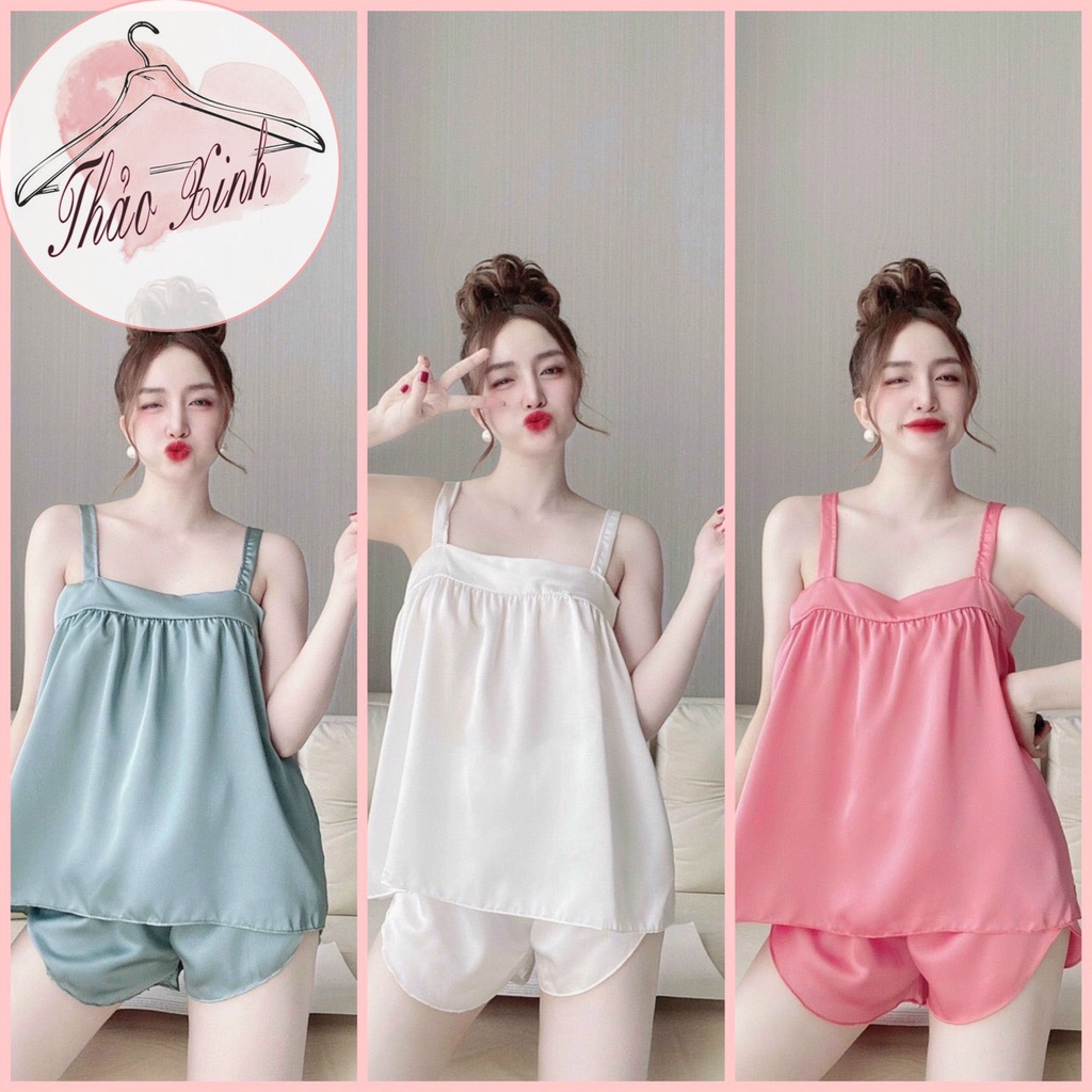 👉Set đồ ngủ 2 dây bản to👉 quần đùi lụa satin siêu dễ thương👉 đồ bộ lụa giá rẻ