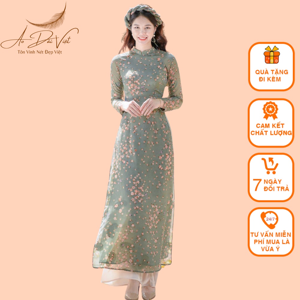 Áo Dài Hoa nhí voon tơ may 4 tà màu hồng + xanh đá nhẹ nhàng