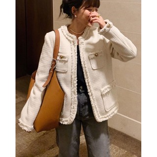 Áo khoác dạ tweed cổ tròn tua rua kem/đen [Ảnh thật 4-9]