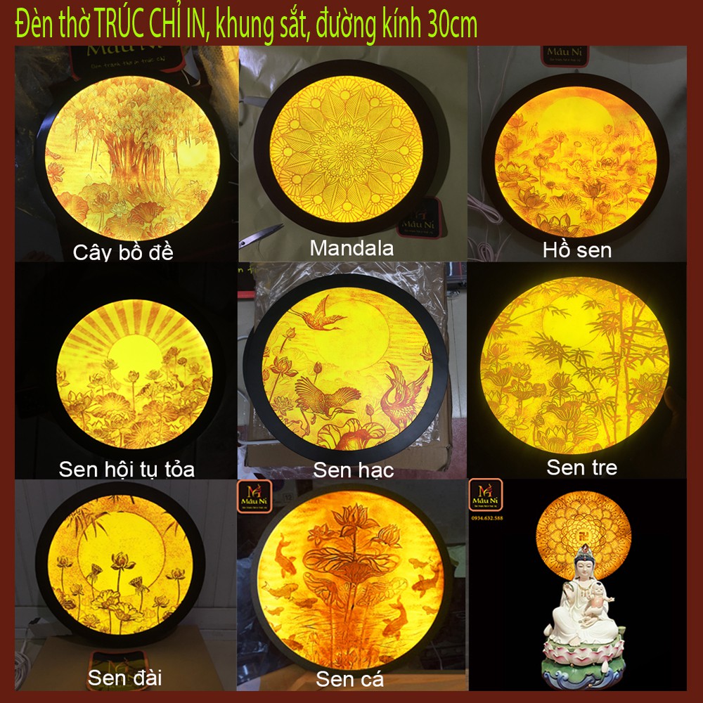 Sx - ĐÈN THỜ hào quang MÂU NI in trúc chỉ, khung sắt, Đường kính 30cm  [ cho bàn thờ t