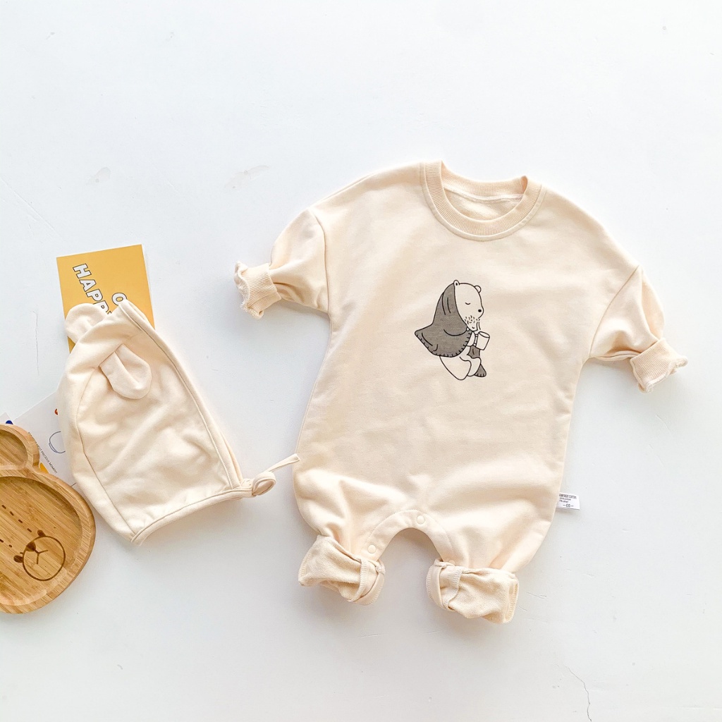 Áo Liền Quần Tay Dài Chất Liệu Cotton Mỏng In Hình Gấu Dễ Thương Cho Bé 0-24 Tháng Tuổi