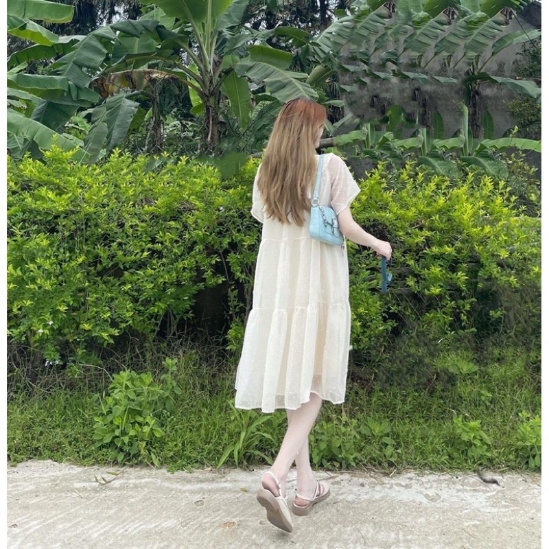 Đầm babydoll dáng suông siêu xinh hoạ tiết chấm bi, váy xinh dáng rộng bầu bì bon chen được