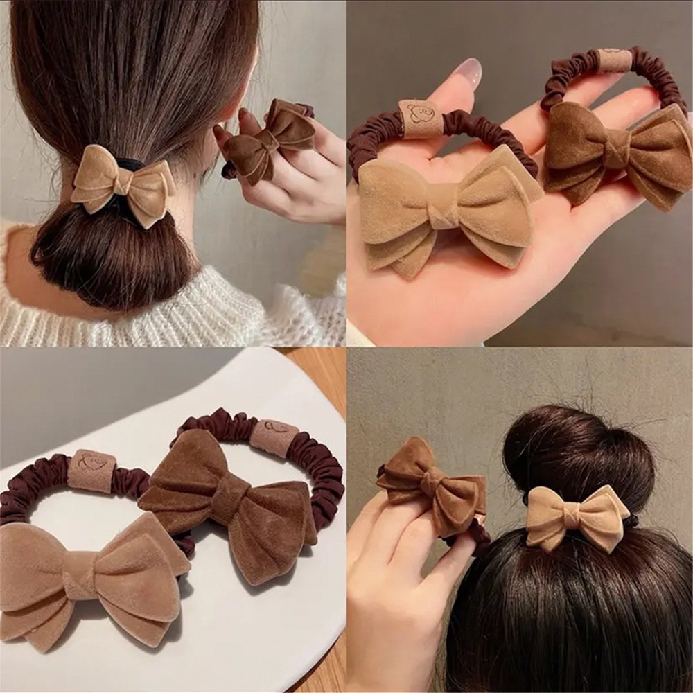 Dây Cột Tóc Đính Nơ/Trái Tim Màu Cà Phê Dễ Thương Thời Trang Cho Nữ